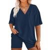 Women's Loose Fashion Solid Color Split V-Neck Short Sleeve Top Shorts Two Piece Set