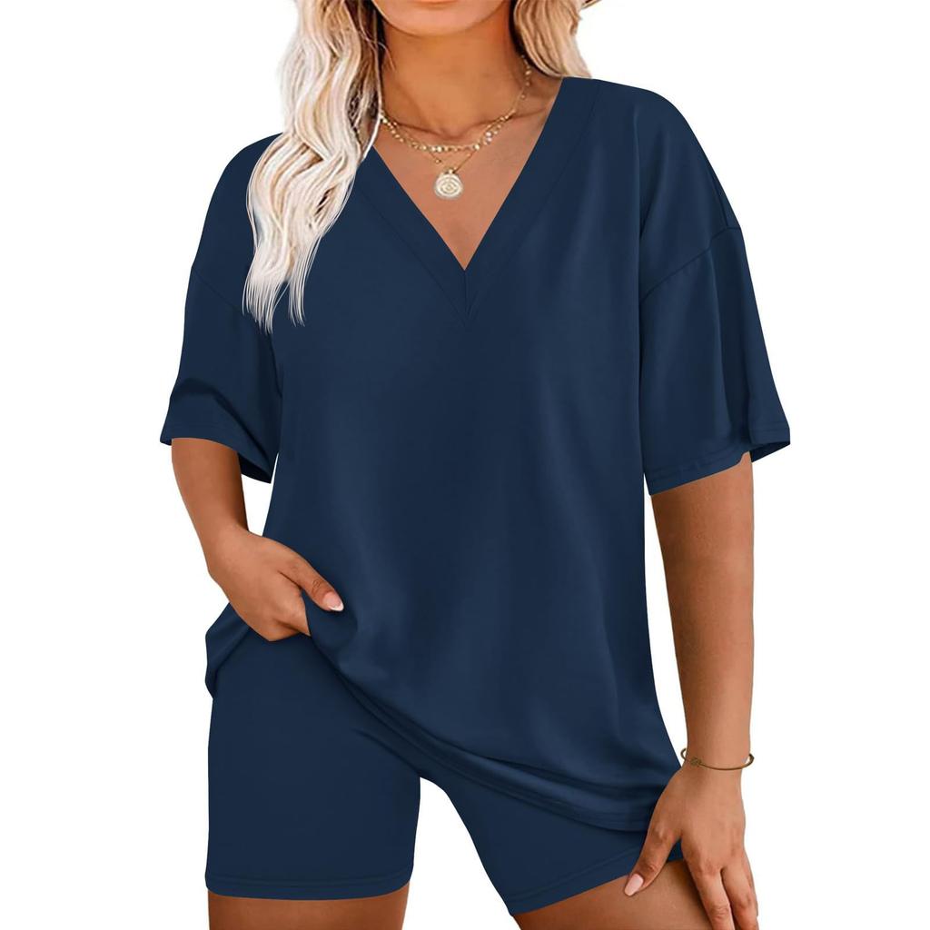 Women's Loose Fashion Solid Color Split V-Neck Short Sleeve Top Shorts Two Piece Set