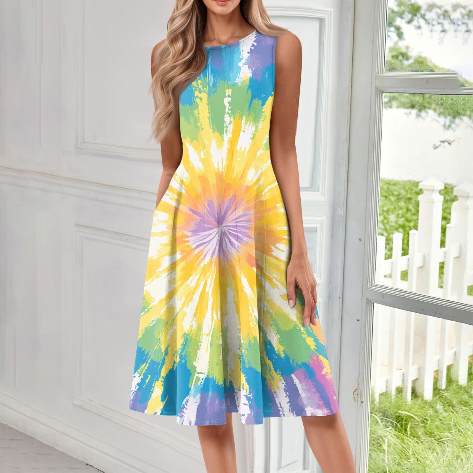 

Женское повседневное модное платье миди с круглым вырезом и принтом тай-дай без рукавов, однотонное XL жёлтый