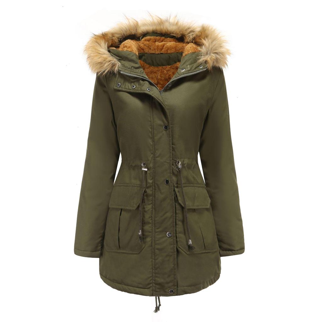 Giacca calda chic da donna in pile invernale con cappuccio e collo in pelliccia tinta unita a maniche lunghe con coulisse S-3XL
