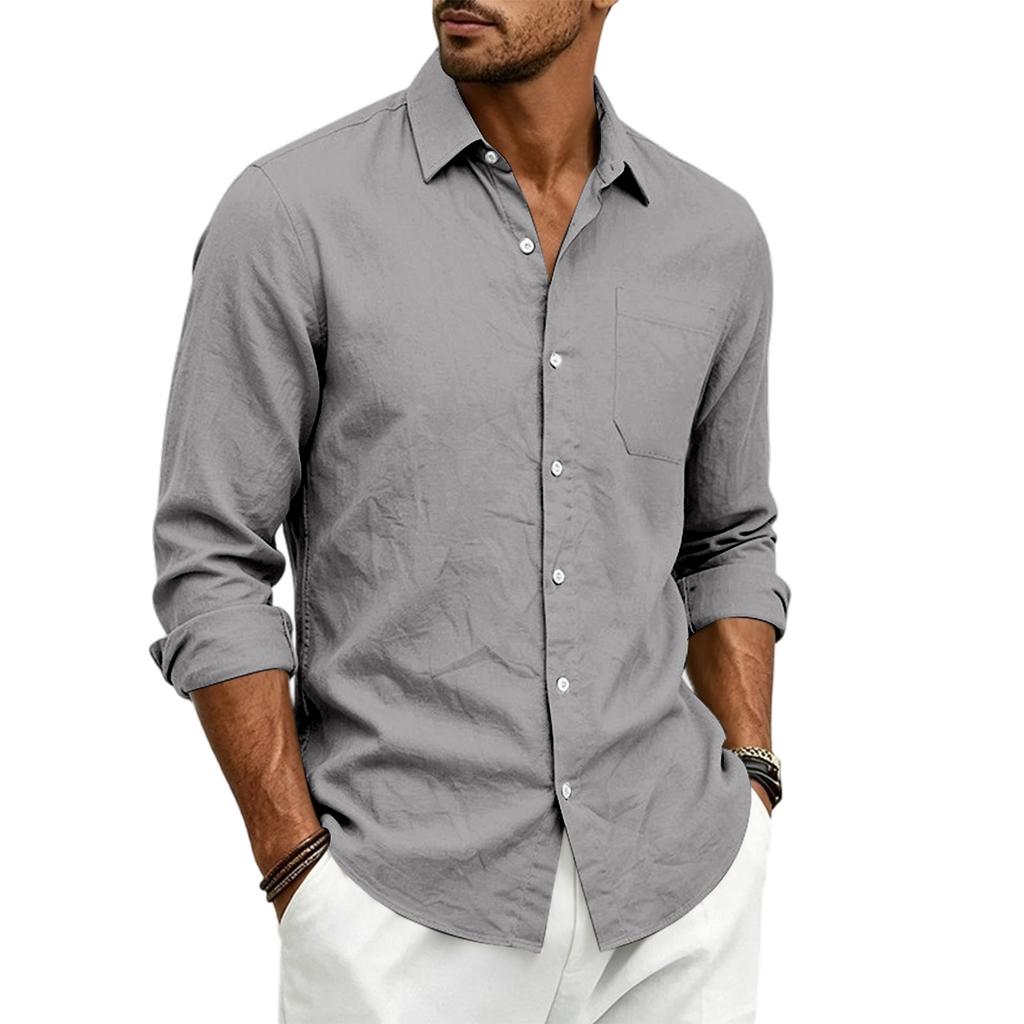 Men’s Linen Long Sleeve Shirt with Classic Turn-Down Collar and Single Chest Pocket Casual Relaxed Fit for Spring and Autumn