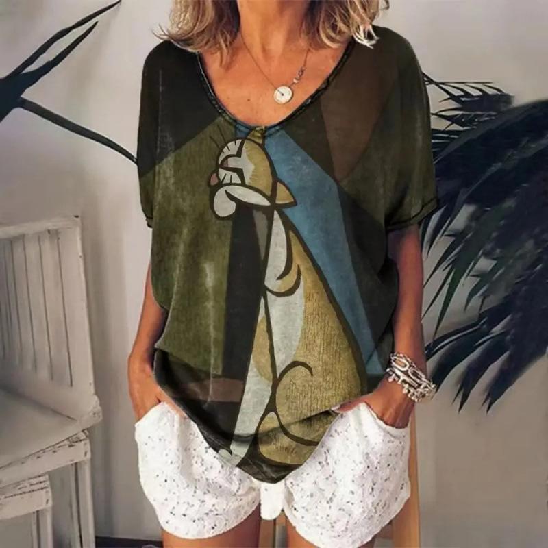 Summer V-neck 3D Cute Cat Printed Top Fashionable Casual Short Sleeved Women's T-shirts