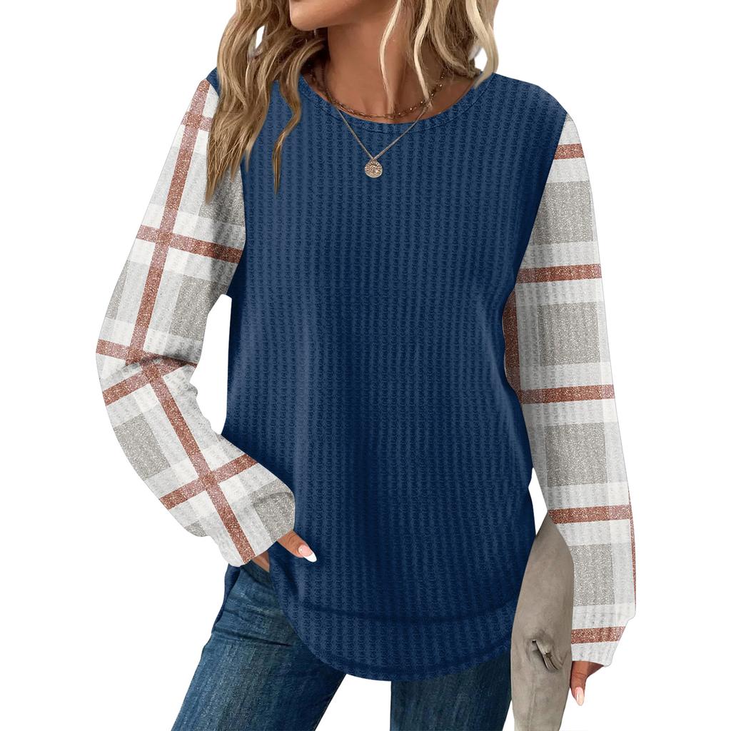 Women's Plaid Print Round Neck Long Sleeve Casual Loose Top