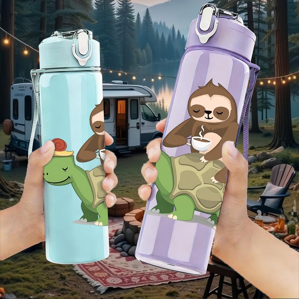 1PC Sloth Turtle Cute Cartoon Print 750ml Color Plastic Sports Water Bottle Leakproof Flip Straw Lid Suitable for Sports Office Home Use