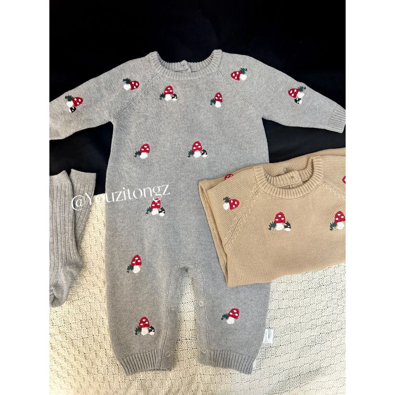 

Foreign Trade Niche Style Knitted Embroidered Sweater Jumpsuit Gray Knit Mushroom Romper 66 cm