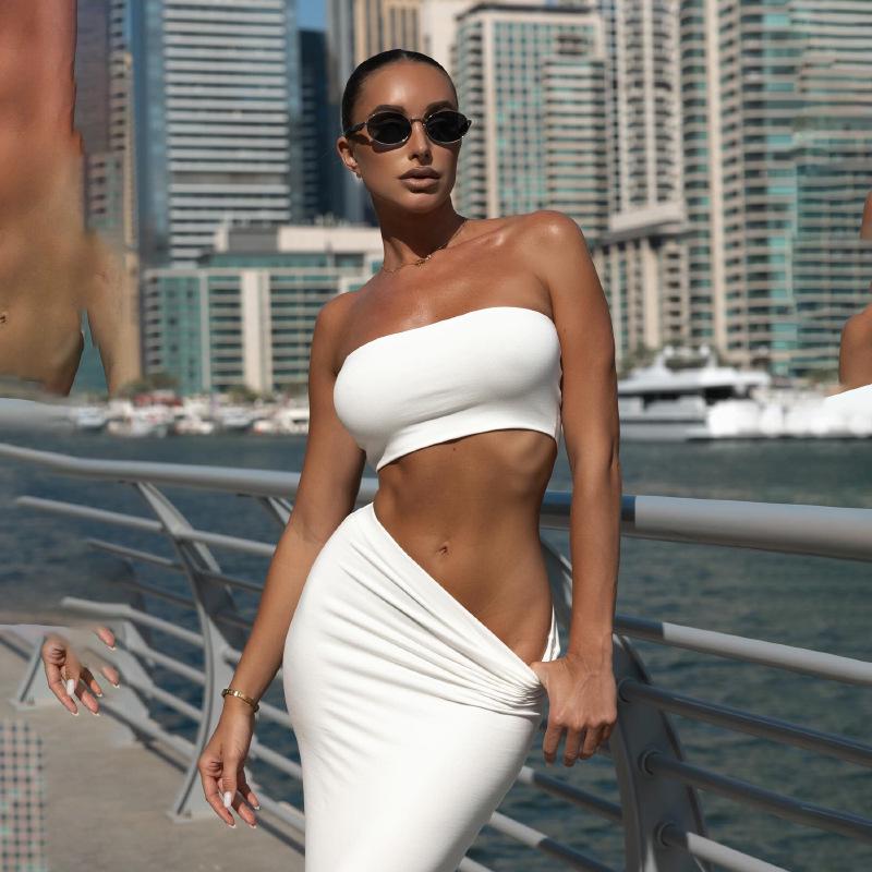2025 Summer European Two-Piece Set: Solid Bandeau Top & High-Waisted Slim Long Skirt