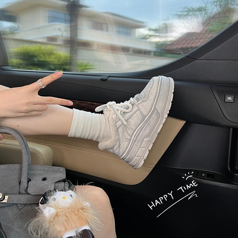 [Cracked Cowhide Version] Korean Version of Heightened Thick-soled White Shoes for Women's 2025 Winter New Velvet Warm Casual Board Shoes