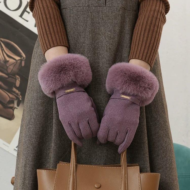 New Women's Warm Thickened Dew Finger Touch Screen Windproof Riding Plush Outdoor Fashion Gloves