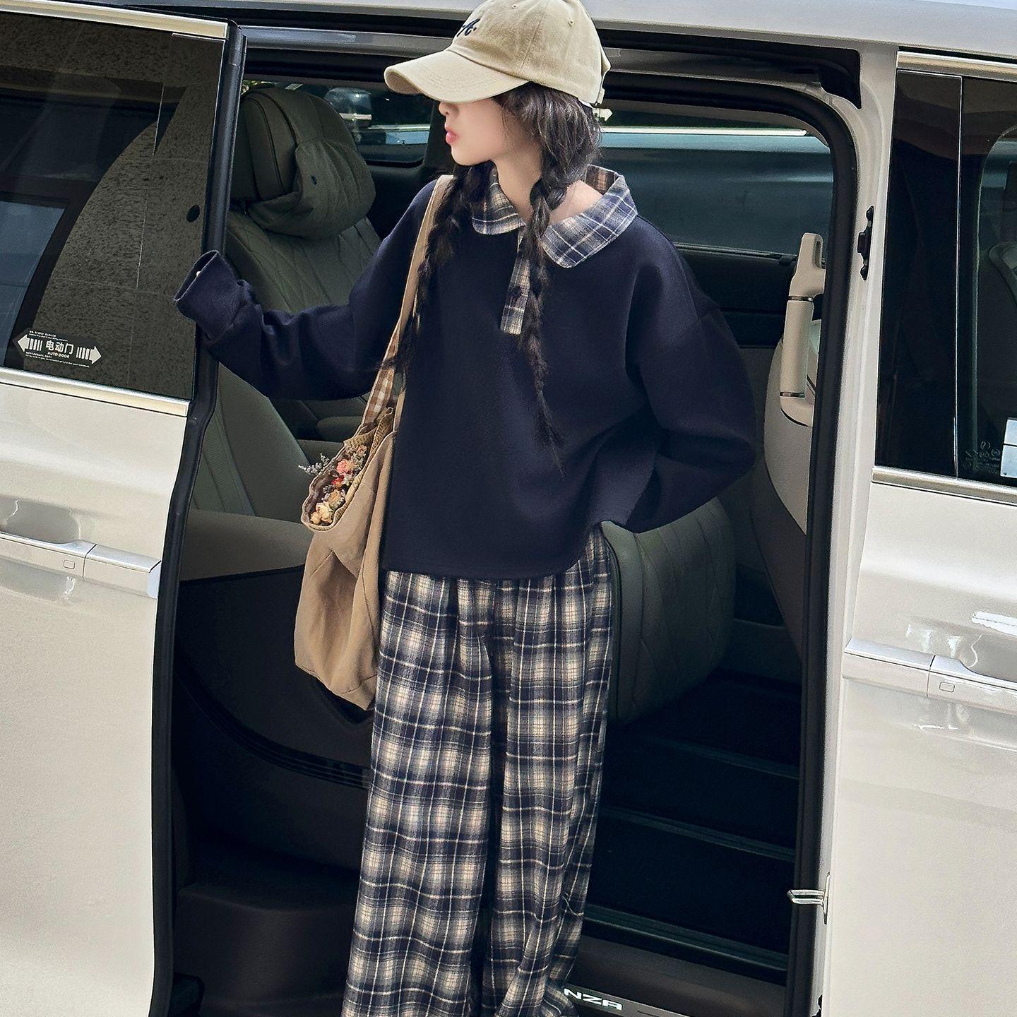 

Модный комплект для девочек Осень 2025: Клетчатый свитшот с отложным воротником и брюки широкого кроя 160cm