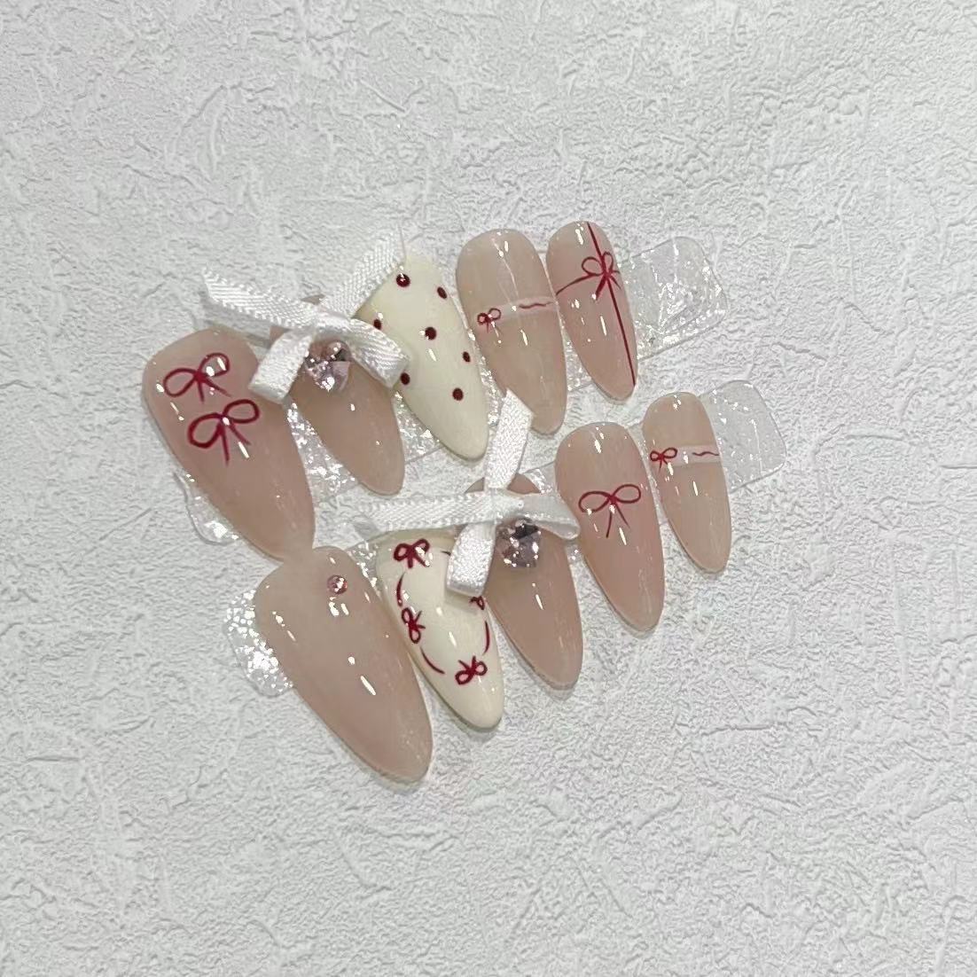 

Ленточный бант, расписанный вручную, нарисованный вручную, надетый вручную, милый маникюр в горошек, телесного цвета, снятие части доспехов Large L