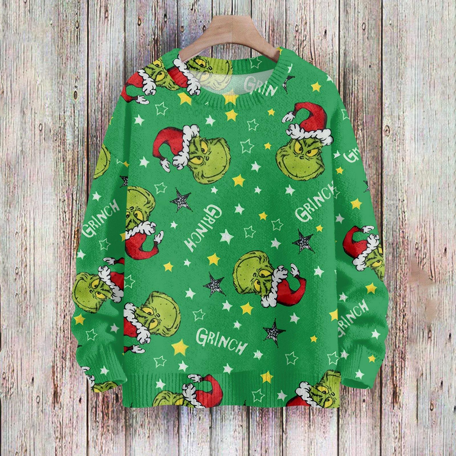 

Рождественские толстовки для женщин Вязаный свитер Милая рубашка Осенний свитер с круглым вырезом Топы S темно-зеленого