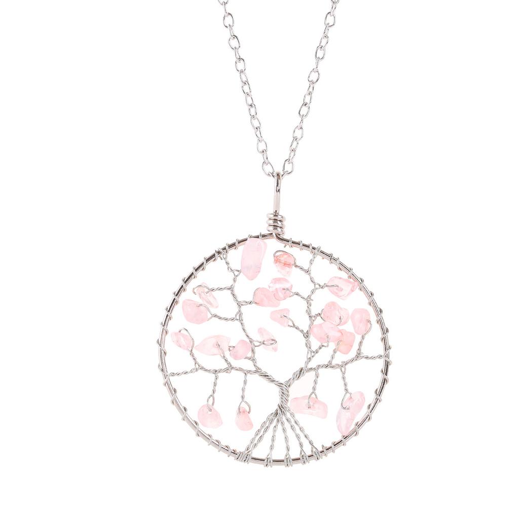 Handmade Wrapped Silver Silk Natural Crystal Gravel Wrapped Tree Of Life Fruit Tree Pendant N94