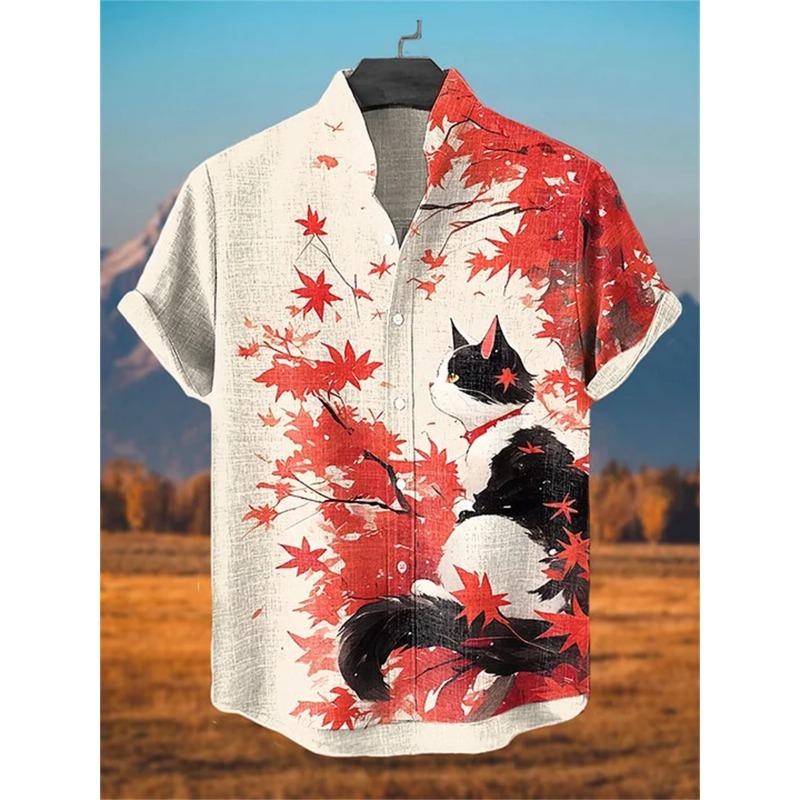 Men's short-sleeved shirt with a fun cat print, stand-up collar, single-breasted casual style. Hawaiian shirt, men's unique top.