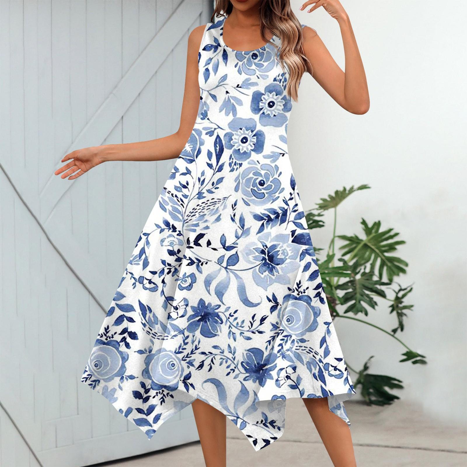 

Женское повседневное модное платье миди без рукавов с круглым вырезом и цветочным принтом, нерегулярный подол XXL