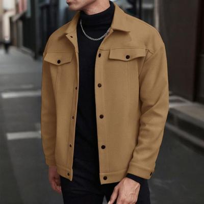 Yousheng Men Jacket Woolen Lapel Design Long Sleeve Solid Color Coat with Flap Pockets Design Solid Color Autumn Winter Business Coat