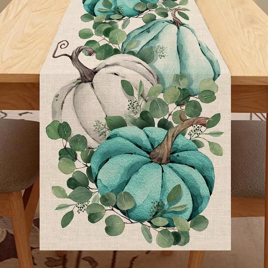 Autumn Thanksgiving Table Runner Linen Buffalo Plaid Pumpkins Mushrooms Dining Table Decoration Indoor Outdoor Tablecloth