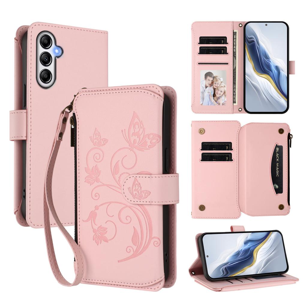 For Samsung Galaxy A56 5G/Galaxy A36 5G Leather Case Butterfly Floral Imprint Zipper Wallet Stand Cover with Wrist Strap