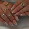 Almond Shape French Tip Press On Nails with Gold Edge & Bow, Elegant Daily False Nails