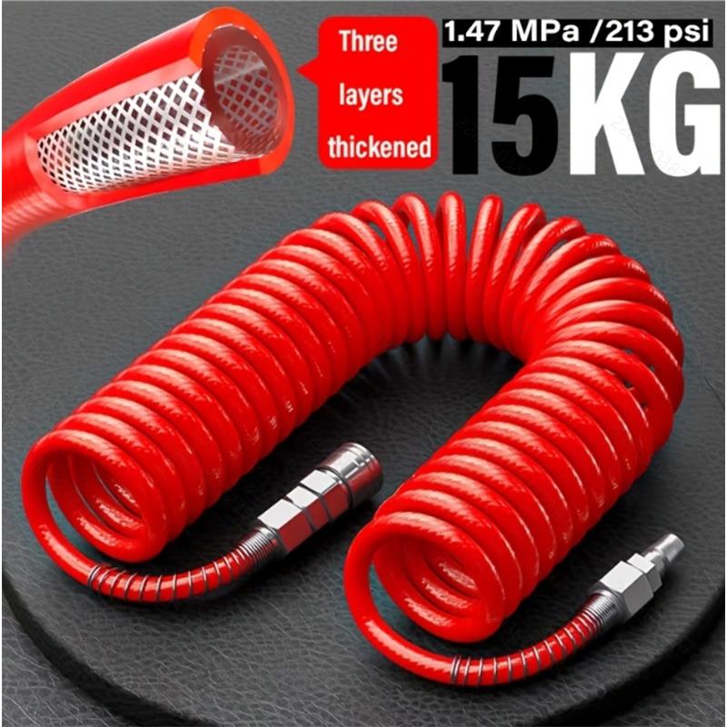 Air compressor hoses & accessories: 8mm high-pressure spring hose (15Bar, 5/10/15M). High-pressure PU yarn-wrapped, 3-layer poly