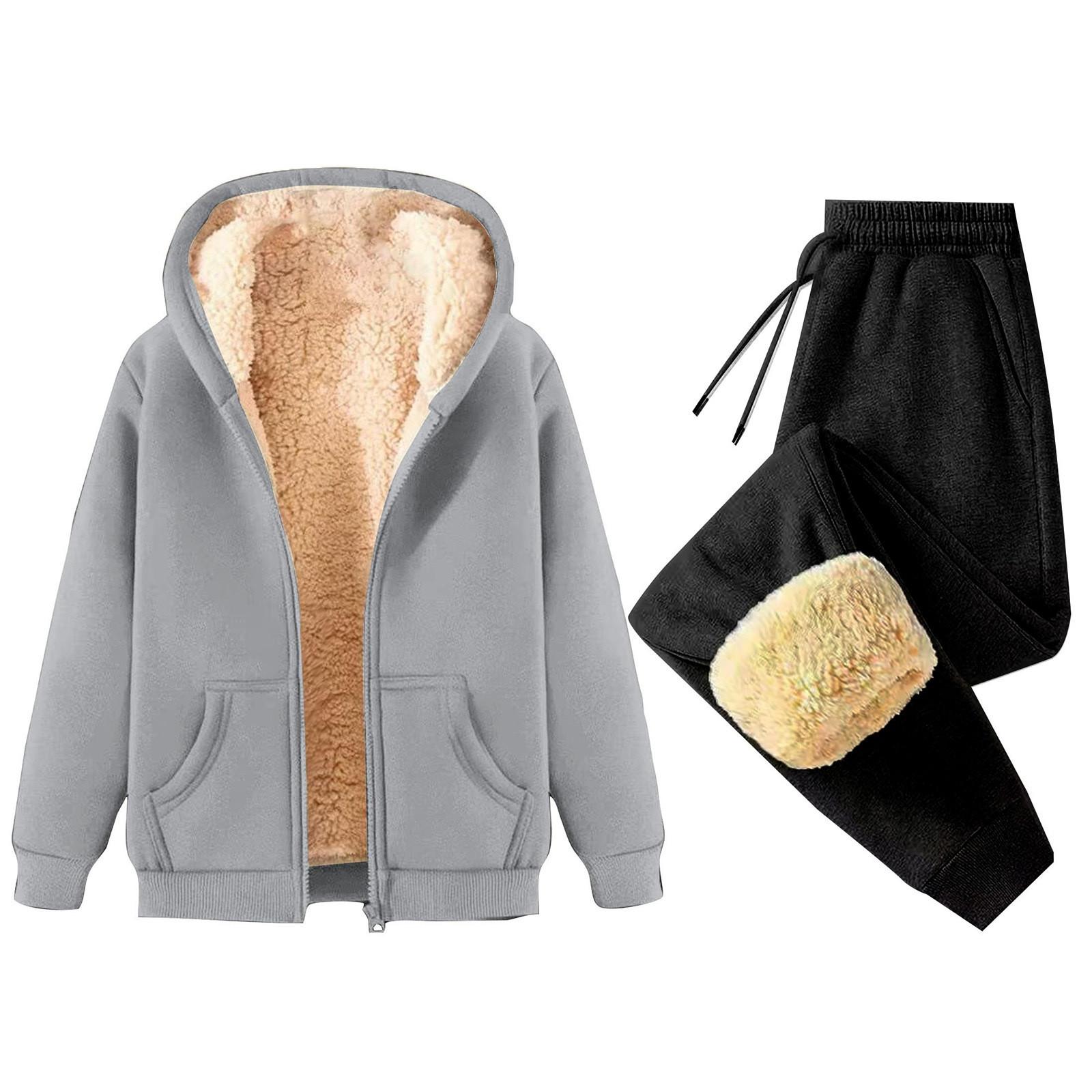

Женская мода однотонная и зимняя утепленная толстовка с капюшоном на молнии, куртка, спортивные штаны, повседневный комплект из двух предметов XXL светло-серый