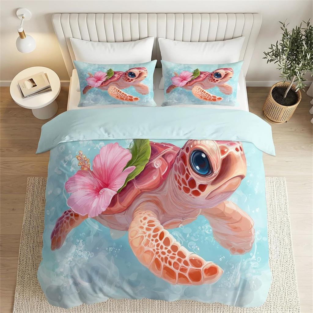 Marine Animals Turtles 2-Piece Bedding Set for Kids Boys Girls, Soft Microfiber Quilt Cover with Zipper Closure with Pillowcases