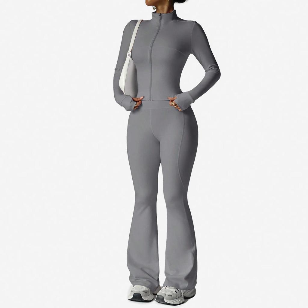 Waist-Cinching Yoga Set: Long-Sleeve Jacket & Butt-Lifting Micro-Flare Pants - Women's Sportswear for Autumn/Winter.