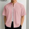 INCERUN Men Short Sleeve Henley Shirt Striped Loose Casual Tops