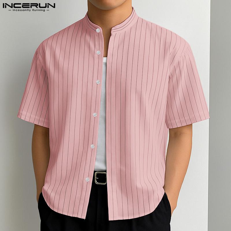INCERUN Men Short Sleeve Henley Shirt Striped Loose Casual Tops