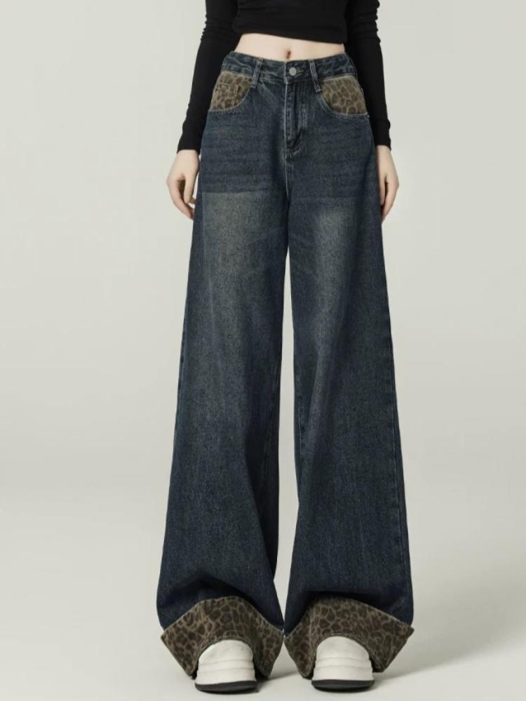 Design Sense Retro Stitching Leopard Print Rolled Jeans Women's Mop Pants Autumn and Winter New Loose Wide-leg Pants Ins