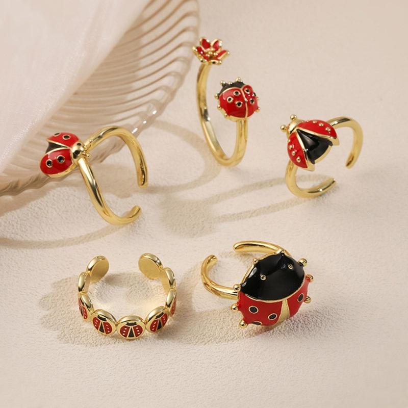 Marienkäfer Ring zum Öffnen Buntes Drip-Glasur Kunstwerk auf Kupfer Leichter Schmuck für Damen Modeaccessoires