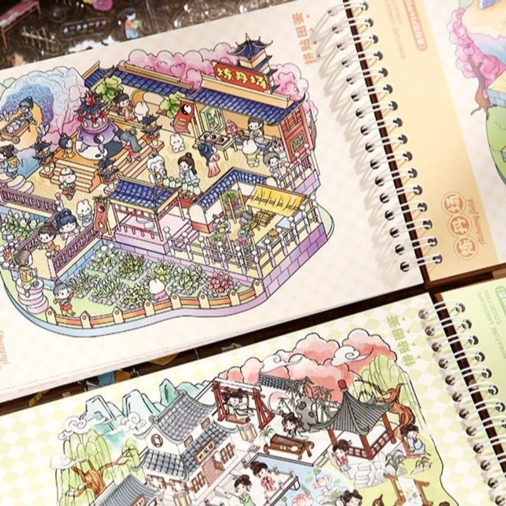 Cabin Scene Ancient-Style Stickers Cartoon Design Landscape Sticker Book  Scrapbooking