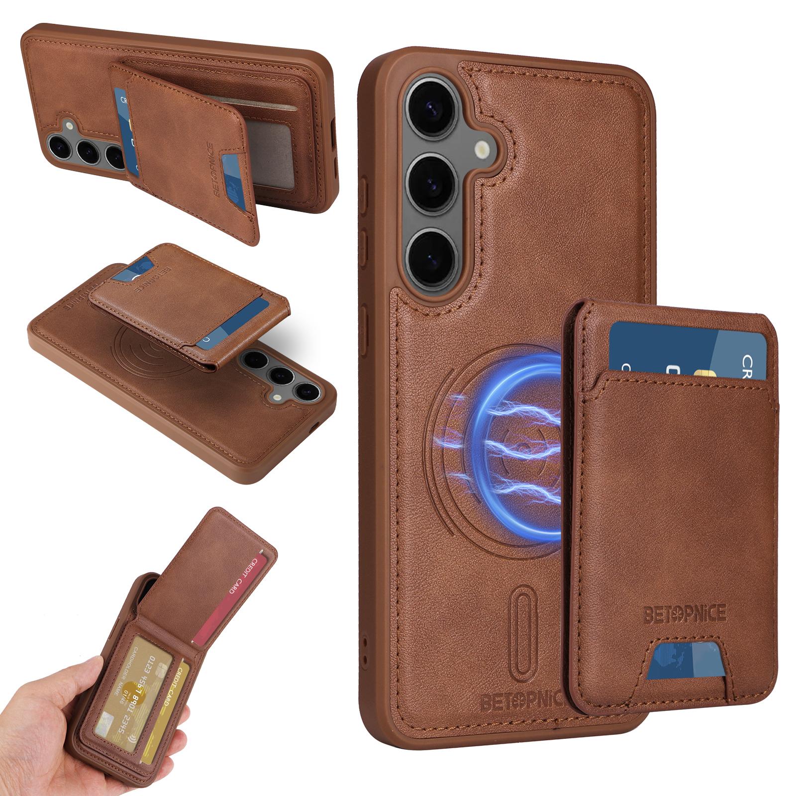

For Samsung Galaxy S24+ Magnetic Case BETOPNICE RFID Blocking Leather Phone Back Cover with Detachable Card Bag Brown