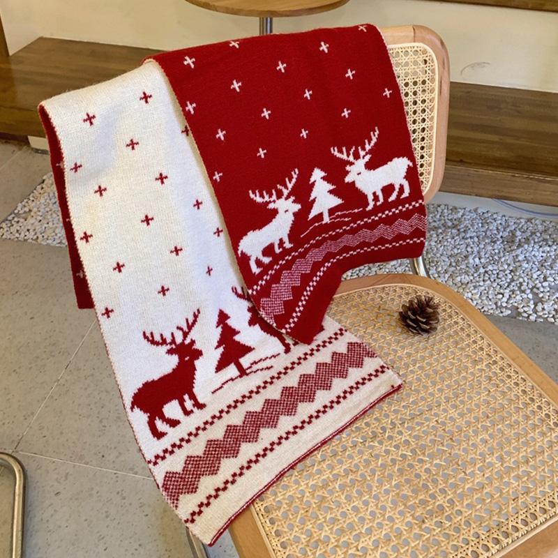 Winter Warm Women Christmas Scarf Xmas Pattern Double-sided Red Outdoor Warm Long Scarf Knitted Scarves Christmas Party Accessories