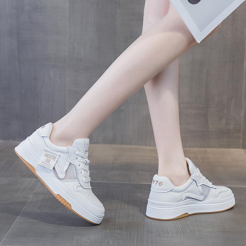 Mesh Weiße Schuhe für Damen Frühling und Sommer Neu Vielseitig Atmungsaktiv Leder Plateau Freizeitsneaker
