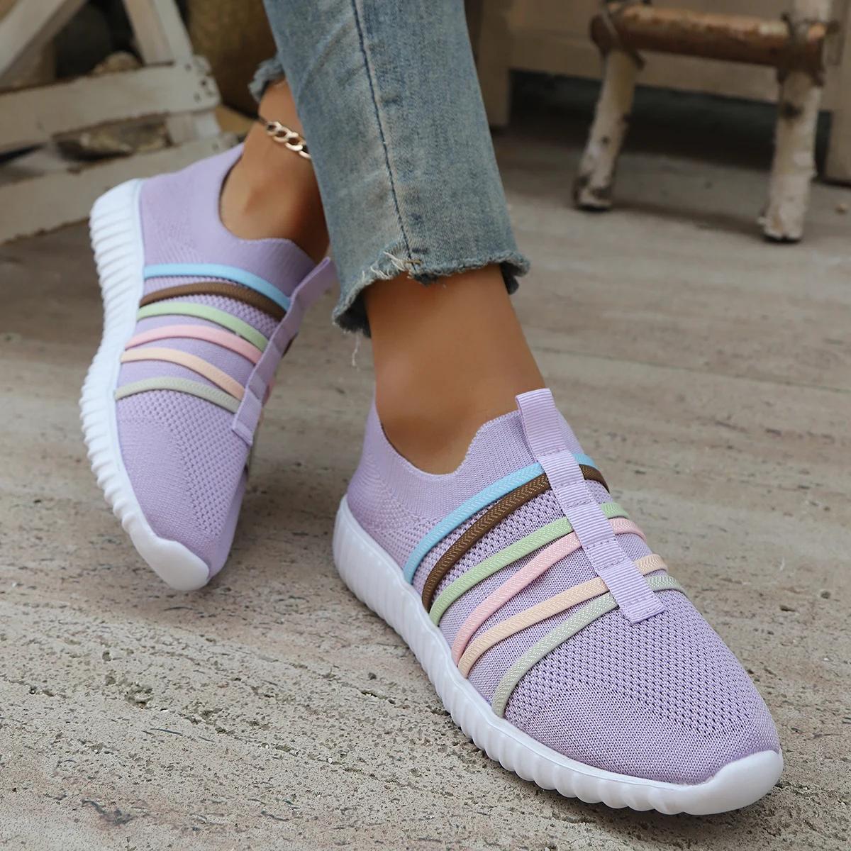 

Fashion Colorful Strap Breathable Knitted Flats Women 2025 Summer Hollow Out Soft Bottom Mesh Slip On Casual Shoes Woman Plus Size 36 фиолетовый