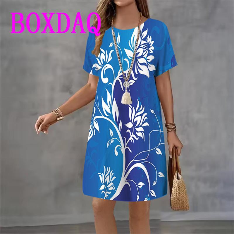 Vintage Floral Printed Women's Dress Short Sleeve O-Neck Loose Casual A-Line Dress Retro Women Summer Sundress