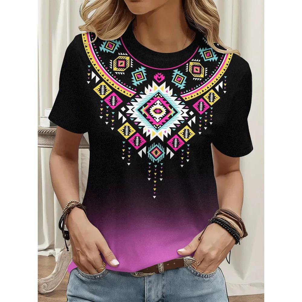 Summer Women s 3D Printed Ethnic Style Crew Neck T-Shirt Fashion Versatile Breathable Trend Casual XS