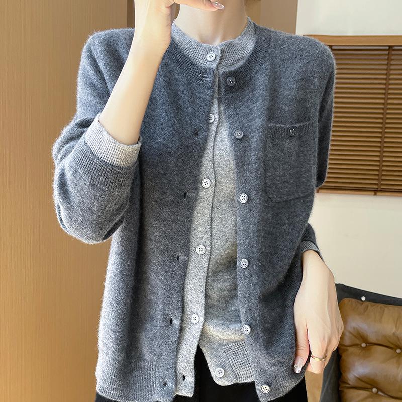Women's 100% Wool Cardigan, Fake Two-Piece, Slimming Round Neck, Lazy Style Sweater Coat for Spring & Autumn