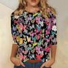 Women's Fashion Casual Three-quarter Sleeve Vintage Floral Print Round Neck Top