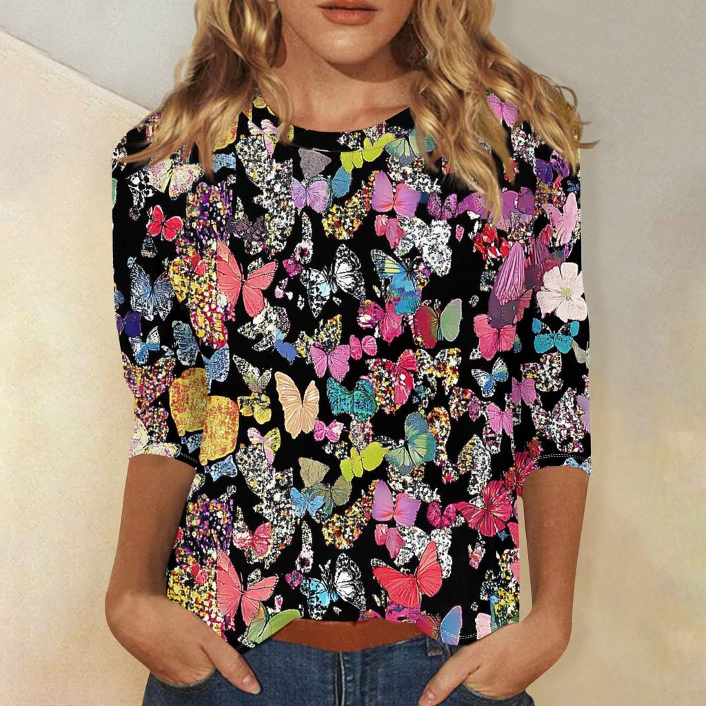 Women's Fashion Casual Three-quarter Sleeve Vintage Floral Print Round Neck Top