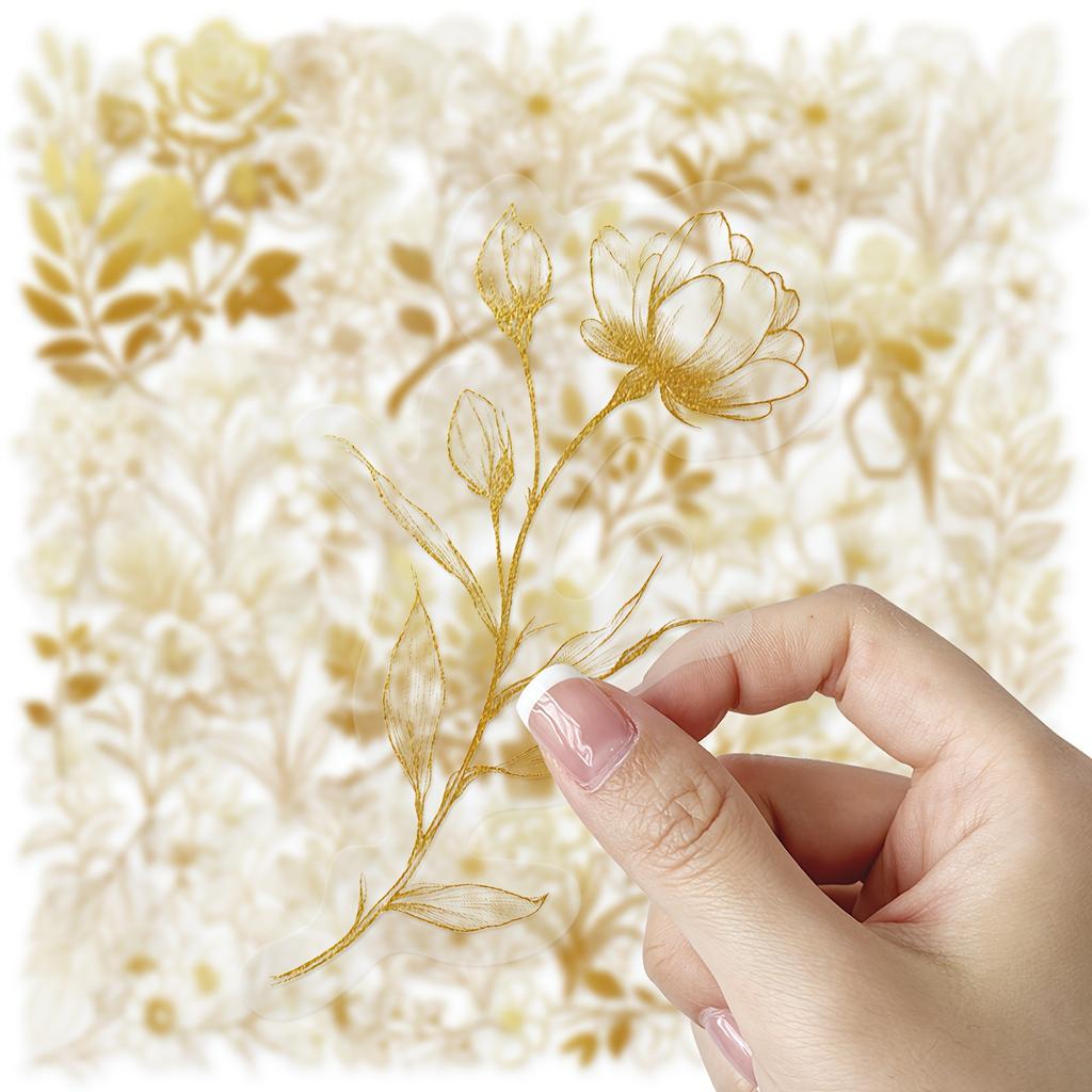 50pcs Graffiti Transparent Stickers, Golden Plants DIY Decor for Journals, Guitars, Notebooks, Luggage, Laptops, Motorcycles, Skateboards
