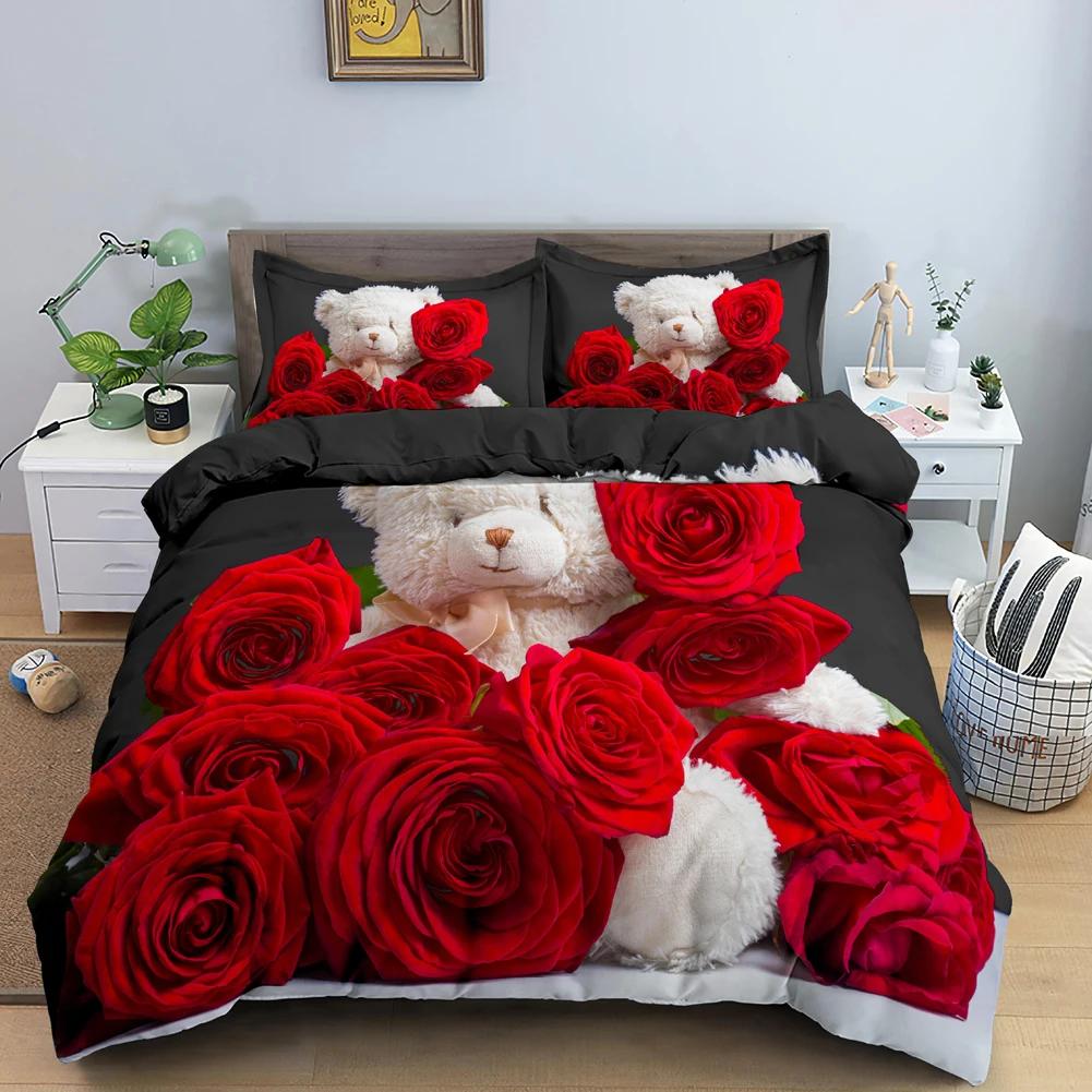 Comforter 3D Romantic Valentines Day Red Rose Bear Printed For Girl Queen S Luxury Bedding