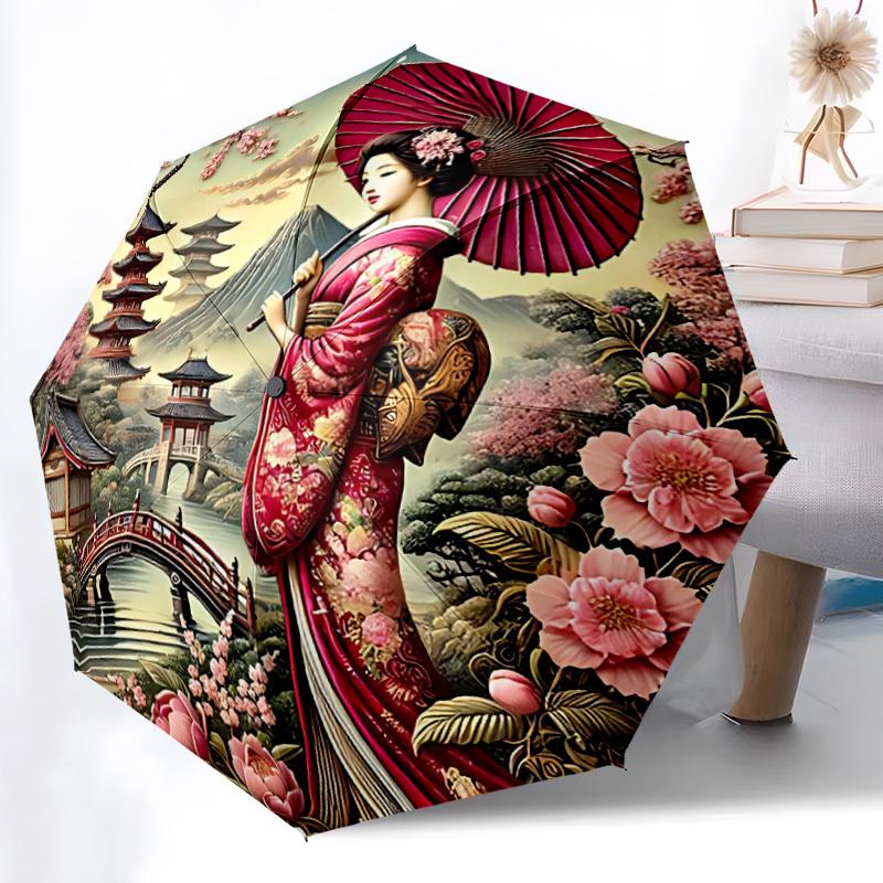 1pc Geisha Blossoms Automatic Open/Close Umbrella, Windproof, Folding Compact Umbrella with Lightweight Design for Women/Men037