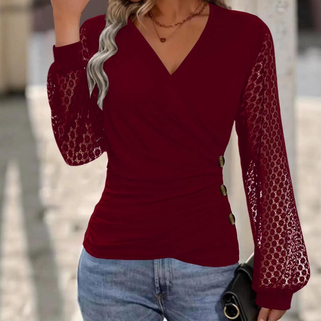 European & American Fashion Lace Patchwork Lantern Sleeve Crossover T-shirt