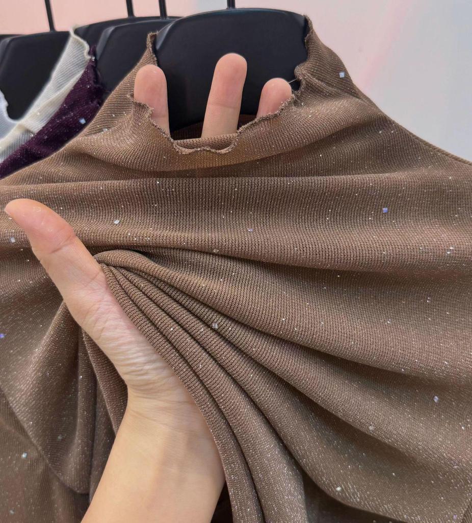 Purple Sequin High Neck Ruffle Lace Top - Women's Slimming Long Sleeve T-Shirt for Autumn/Winter Trends