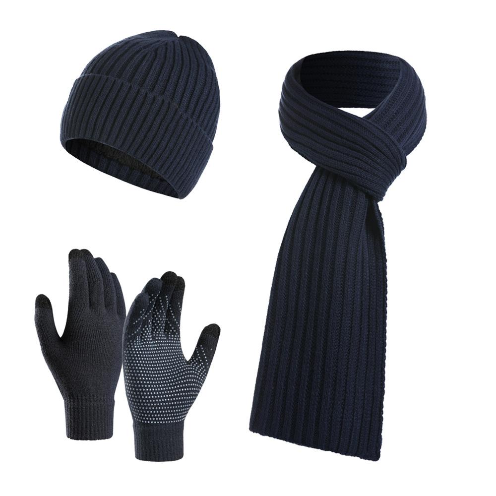 Unisex Custom Logo 3pcs Knitted Plain Polyester/Cotton Beanie Hat Scarf Gloves Set Long Warm Winter Clothing for Men Women