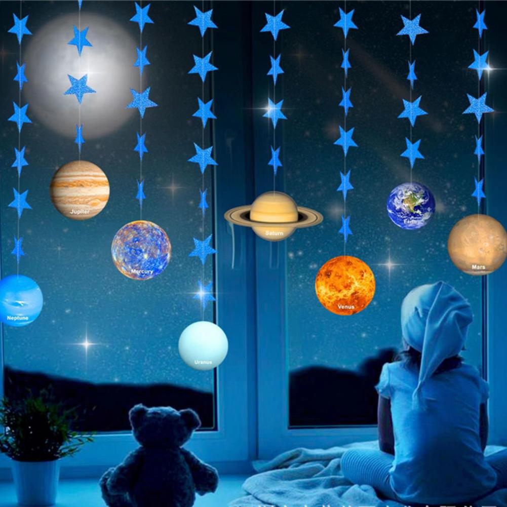 1 Set Universe Eight Planets Garlands Night Starry Sky Theme Banner Wall Hanging Decor Gift Boys DIY Hanging Flag Home Supplies