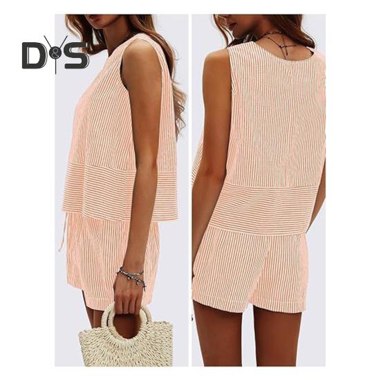 Γυναικεία καλοκαιρινά 2 τεμάχια, σετ αμάνικα σορτς με φανελάκι, casual ριγέ φόρμα, σετ για διακοπές και παραλία, ασορτί σετ