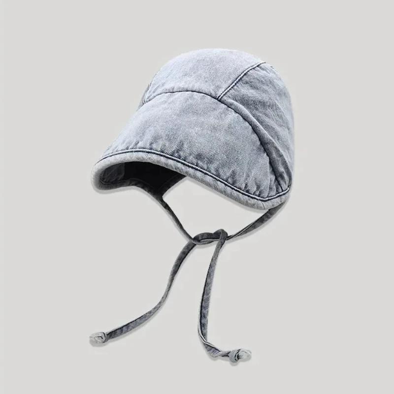 

2025 New Japanese and Korean Retro Denim Bucket Hat Women s Fashion Tie Four Season Washed Denim Basin Hat Short Brimmed Sun Hat M 56-58cm джинсовий синього кольору