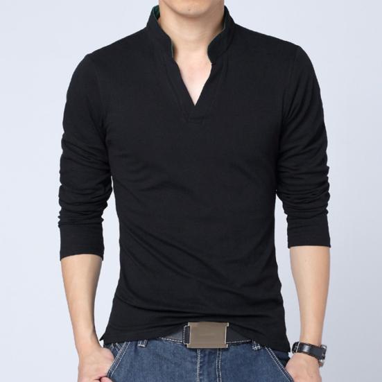 Solid Color Men Plus Size Stand Collar V Neck Long Sleeve T-Shirt Slim Fit Top